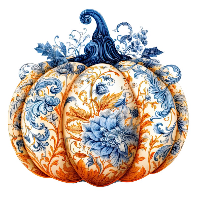 May include: A decorative pumpkin with a blue and gold floral pattern. The pumpkin is painted with intricate details and has a blue stem.