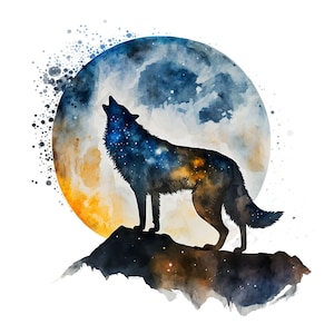 Könnte beinhalten: Aquarellmalerei eines heulenden Wolfs, Silhouette vor einem Vollmond. Der Körper des Wolfs ist mit einem Sternenhimmel-Design gefüllt, der Mond hat gelbe, orange und blaue Farbtöne. Der Wolf steht auf einer felsigen Oberfläche.