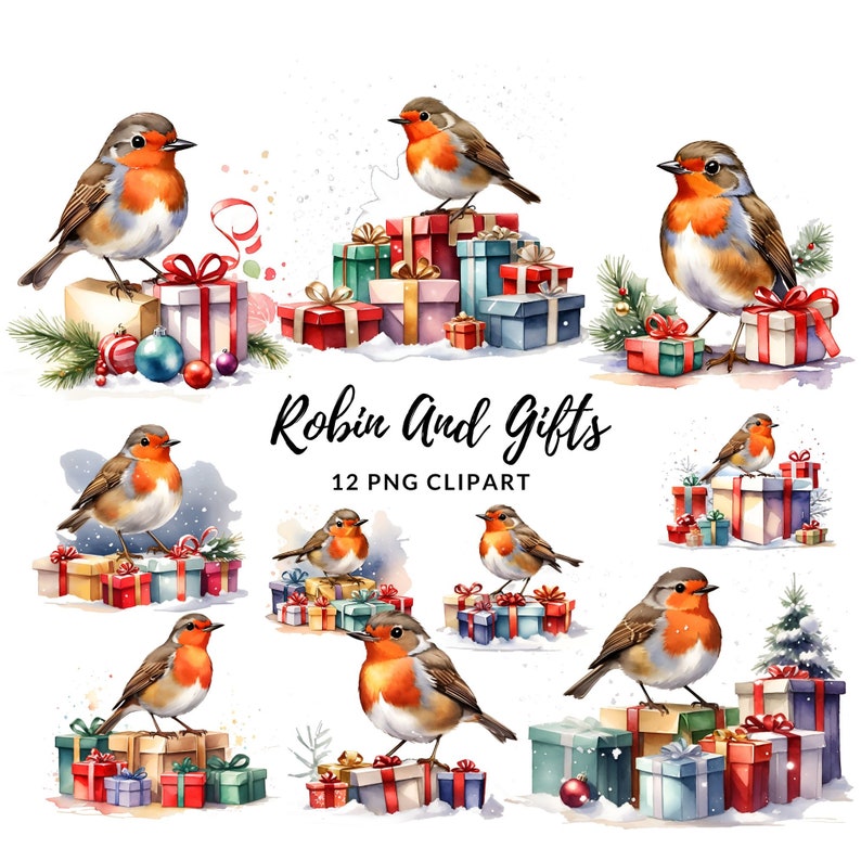 Robins and Gifts Clipart - 12 High Quality Pngs, Digital Planner, Junk ...