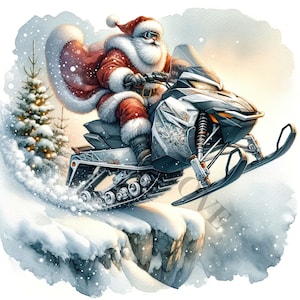 Aquarela Santas Snowmobile Clipart - 12 JPGs de alta qualidade, elaboração de papel digital, planejador digital, vestuário, aquarela, download digital