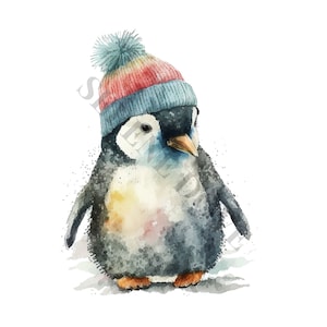 Pingouin avec chapeau laineux - 15 PNG de haute qualité, téléchargement numérique, fabrication de cartes, techniques mixtes, artisanat en papier numérique