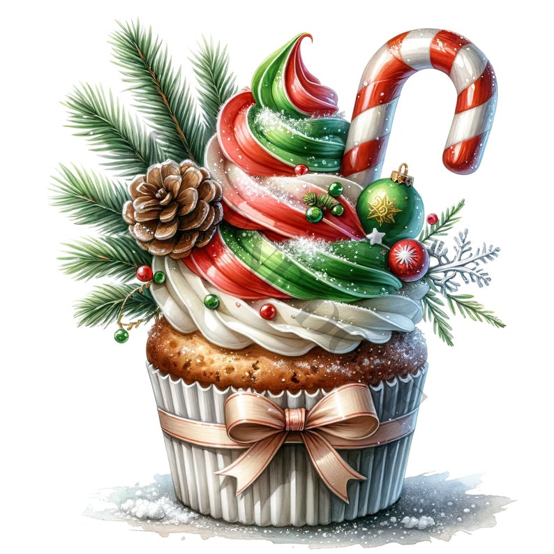 K&ouml;nnte beinhalten: Ein festlicher Cupcake, verziert mit rotem und gr&uuml;nem Frosting, einem Zuckerstangen und Weihnachtsornamenten. Der Cupcake ist mit wei&szlig;em Frosting und Streuseln bedeckt.