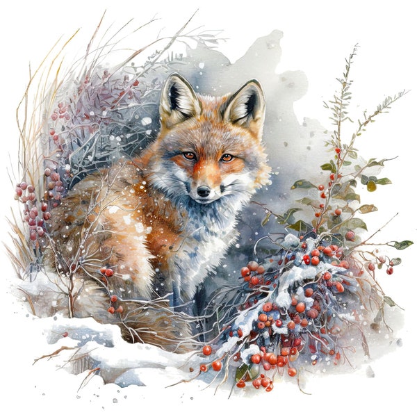 Winter Fox Clipart - 12 High Quality PNGs, Digital Paper Crafting, Digital Planner, Apparel, Watercolor, Digital Download