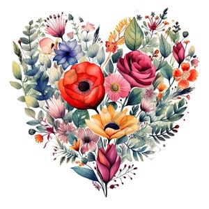 Boho Floral Heart Clipart - 12 hoge kwaliteit JPG's, digitaal papier maken, digitale planner, kleding, aquarel, digitale download