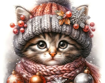 May include: A brown and white tabby cat wearing a pink knitted scarf and a gray and red knitted hat with a white pom-pom. The cat is surrounded by Christmas ornaments in shades of gold, silver, and pink.