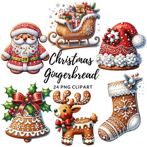 Christmas Gingerbread Clipart - 24 PNG de haute qualité, Livre de mémoire, Journaux indésirables, Scrapbooks, Planificateurs numériques, Utilisation commerciale, Sublimation