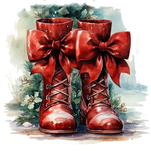 Pode incluir: Um par de botas de couro vermelho com um grande la&ccedil;o vermelho em cada bota. As botas t&ecirc;m cadar&ccedil;os e est&atilde;o sobre um fundo de aquarela de folhas verdes.