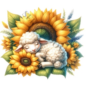 眠っている羊と花のクリップアート - 12 個の高品質 PNG、メモリーブック、ジャンクジャーナル、スクラップブック、デジタルプランナー、商用、昇華