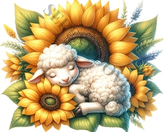 Sleeping Sheep And Flowers Clipart - 12 High Quality PNGs, Memory Book, Junk Journals, Scrapbooks, Digital Planners, Commercial, Sublimation