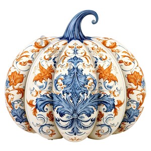 May include: A white ceramic pumpkin with a blue and orange floral design. The pumpkin has a curled stem and a detailed, intricate pattern.