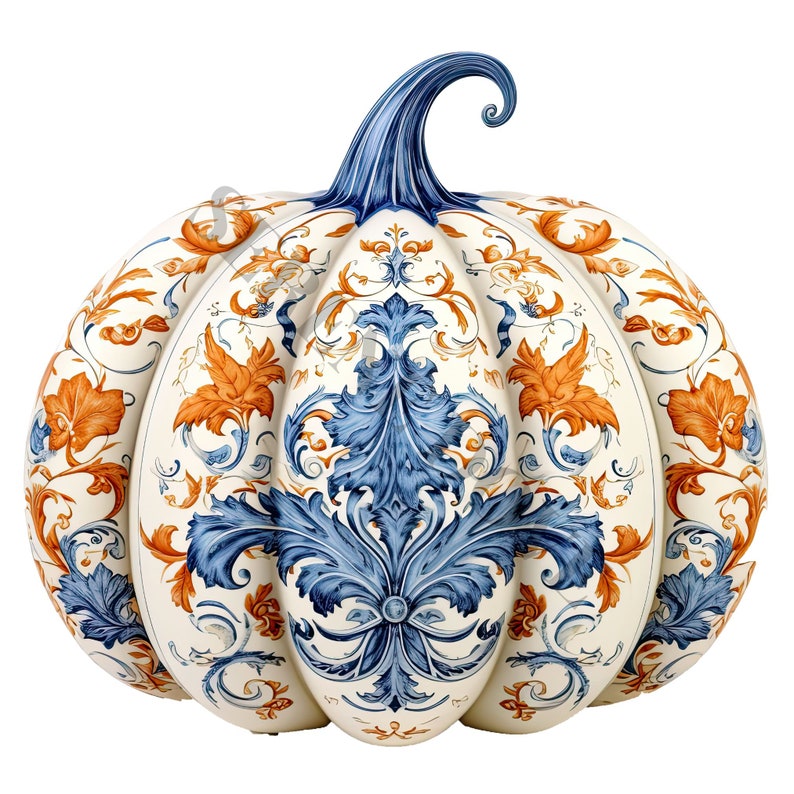 May include: A white ceramic pumpkin with a blue and orange floral design. The pumpkin has a curled stem and a detailed, intricate pattern.