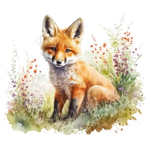 Könnte beinhalten: Ein Aquarellbild eines Rotfuchs-Jungtiers, das in einem Feld mit Wildblumen sitzt. Der Fuchs hat eine weiße Brust und einen buschigen Schwanz. Die Blumen sind eine Mischung aus Lila, Rosa und Weiß.