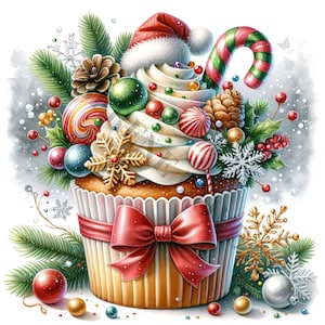 クリスマス カップケーキ クリップアート - 12 個の高品質 PNG、メモリー ブック、ジャンク ジャーナル、スクラップブック、デジタル プランナー、商用利用、デジタル ダウンロード