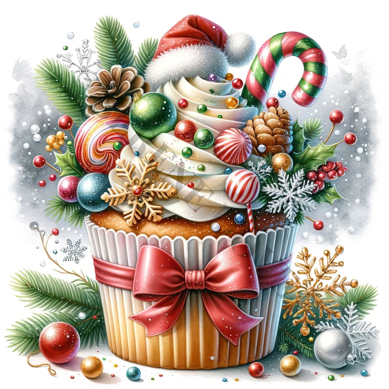 K&ouml;nnte beinhalten: Ein festlicher Cupcake, verziert mit einem roten und wei&szlig;en Zuckerstangen, einem roten und wei&szlig;en Lollipop und einer Weihnachtsmannm&uuml;tze. Der Cupcake ist umgeben von gr&uuml;nem Stechpalmen, roten Beeren und silbernen Schneeflocken.