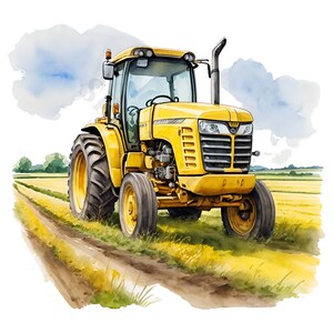 May include: A yellow tractor with a black seat and a black steering wheel. The tractor is in a field with green grass and a blue sky in the background.