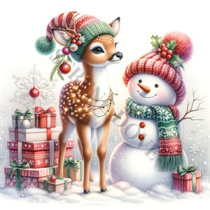 Weihnachts Rehkitz Clipart - 15 hochwertige PNGs / JPGs, digitales Papier Handwerk, digitaler Planer, Kleidung, Aquarell, digitaler Download