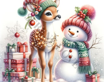 Weihnachts Rehkitz Clipart - 15 hochwertige PNGs / JPGs, digitales Papier Handwerk, digitaler Planer, Kleidung, Aquarell, digitaler Download