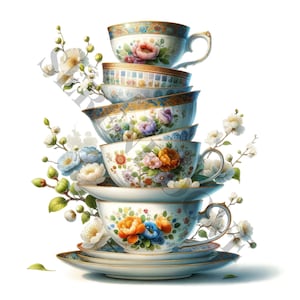 Puede incluir: Una pila de cinco tazas de té vintage con motivos florales y detalles dorados. Las tazas están dispuestas en forma de pirámide, con la taza más grande en la parte inferior y la taza más pequeña en la parte superior. Las tazas están decoradas con delicados diseños florales en tonos azules, rosas y amarillos. Las tazas están rodeadas por una rama de flores blancas.