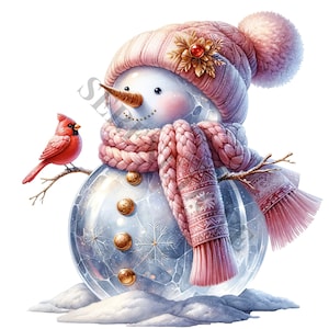 Clipart pupazzo di neve rosa di Natale - 14 PNG di alta qualità, libro dei ricordi, diari spazzatura, album di ritagli, pianificatori digitali, uso commerciale, sublimazione
