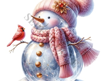 Christmas Pink Snowman Clipart - 14 High Quality PNGs, Memory Book, Junk Journals, Scrapbooks, Digital Planners, Commercial Use, Sublimation