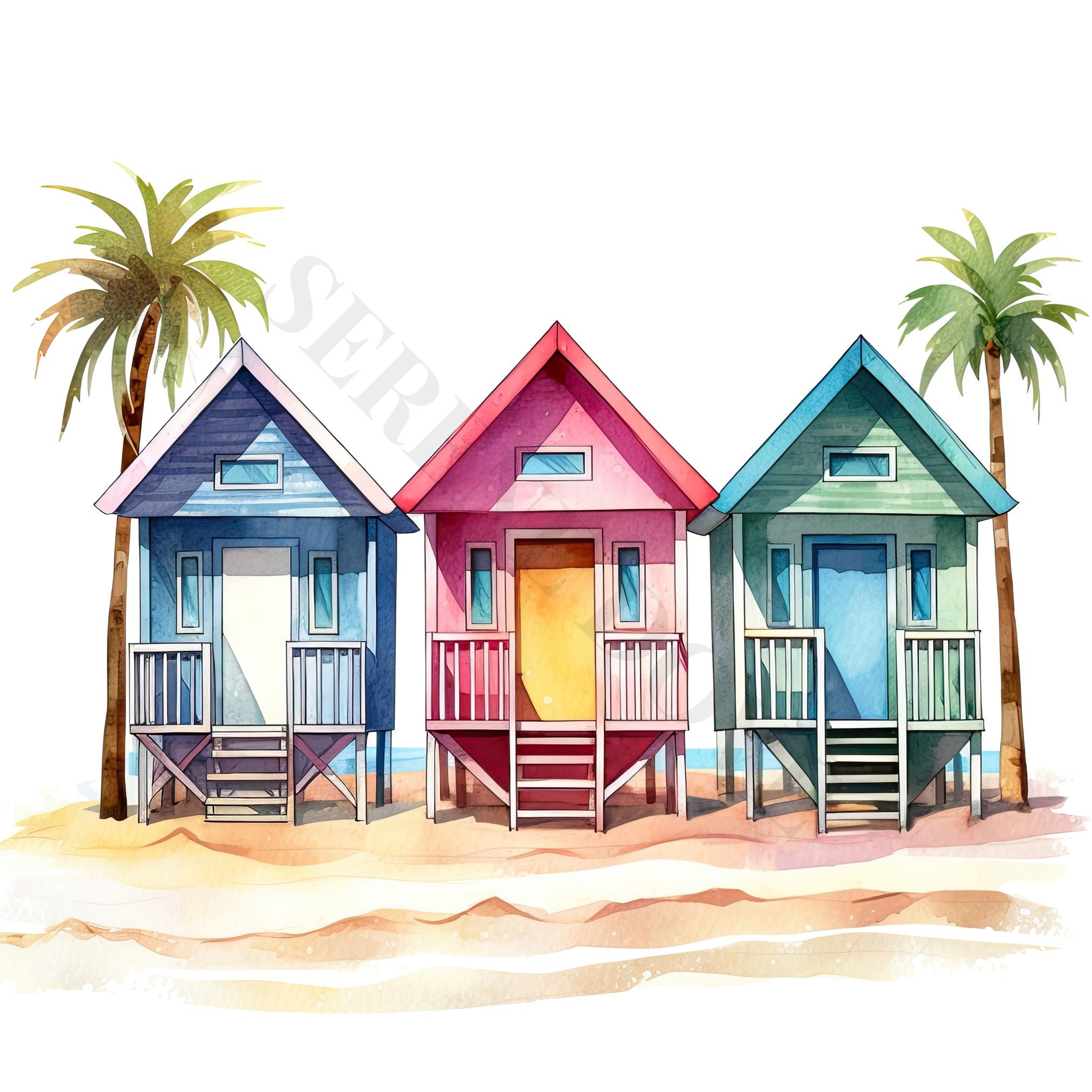 Beach Hut Clipart - 12 High Quality PNGs, Digital Download, Card Making, Clipart, Digital Paper Craft, Junk Journal, Sublimation