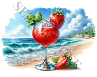 Op de afbeelding: Waterverfillustratie van een verfrissende aardbeiencocktail in een glas met steel, gegarneerd met munt en een hele aardbei. De drank staat op een zandstrand met golven en een blauwe lucht op de achtergrond.