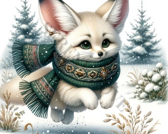 Winter Fennec Fox Clipart -  12 High Quality PNGs, Digital Download, Card Making, Mixed Media, Digital Paper Craft, Sublimation