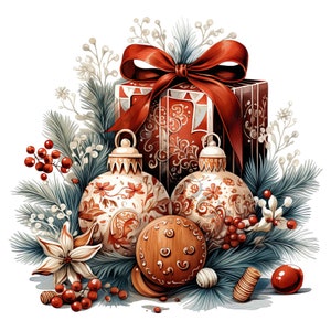 Ensemble de 4 cliparts de décorations de Noël - 12 PNG de haute qualité, créations en papier numérique, agenda numérique, vêtements, aquarelle, téléchargement numérique