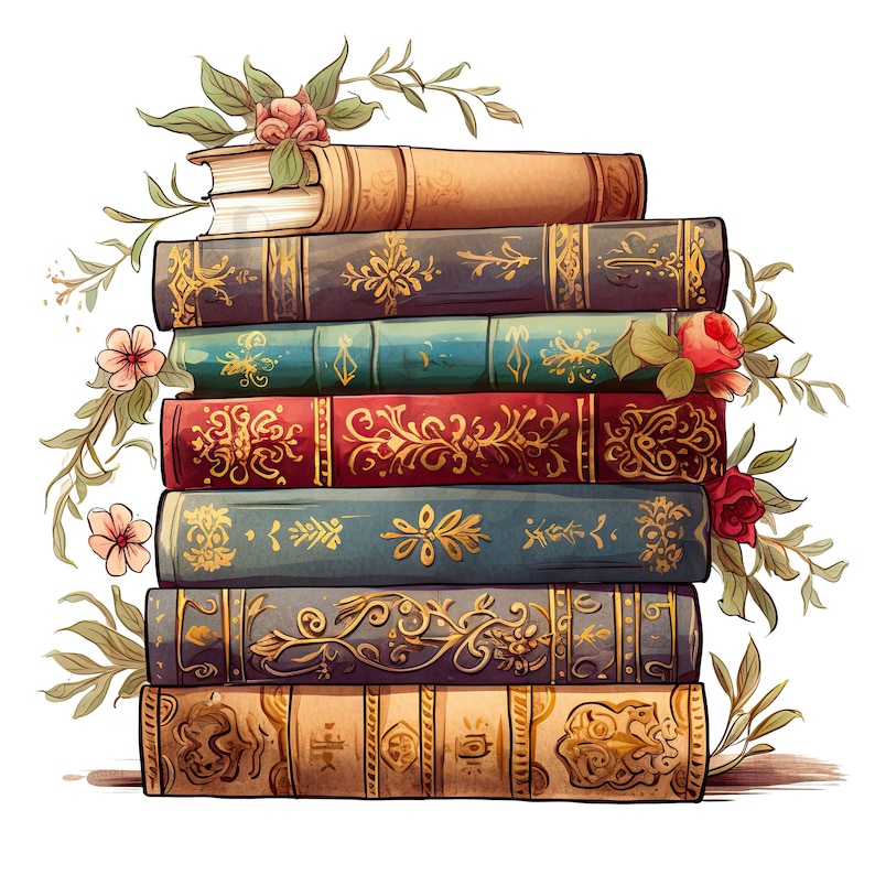 May include: A stack of vintage books with ornate covers and gold accents, decorated with delicate floral sprigs and red roses.