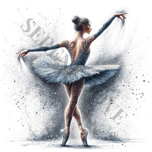 May include: A ballerina in a blue tutu with a snowflake design, performing a pose with her arms outstretched, against a white background with a splatter effect.