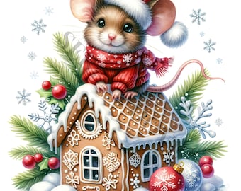 May include: A cute brown mouse wearing a red Santa hat and scarf sits on top of a gingerbread house decorated with white icing and candy. The house is surrounded by green pine branches and red berries.