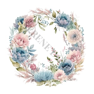 Blush & Blue Wreath Clipart - 12 High Quality PNGs, Digital Download, Card Making, Clipart, Digital Paper Craft, Junk Journal