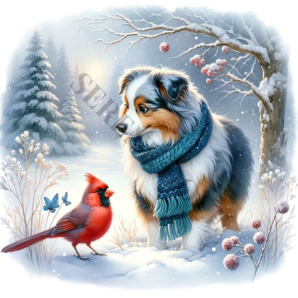 Winter Australian Shepherd Clipart - 12 High Quality PNGs, Junk Journals, Scrapbooks, Digital Planners, Commercial Use, Sublimation