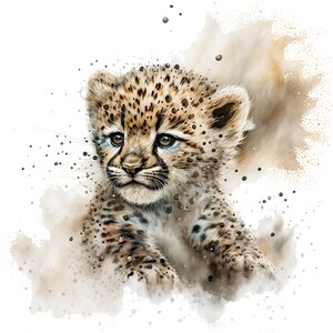 May include: A watercolor painting of a cheetah cub with brown and black spots. The cub is looking to the right with its mouth closed. The background is a light brown watercolor wash with white speckles.
