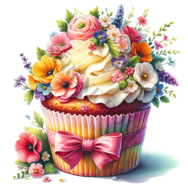 Floral Cupcake Clipart - 12 PNG de haute qualité, livres de mémoire, journaux indésirables, albums, planificateurs, utilisation commerciale, téléchargement numérique, Sublime