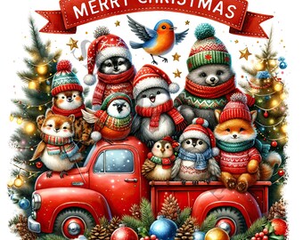Woodland Animals On Red Truck Clipart - 12 High Quality PNGs, Memory Book, Junk Journals, Scrapbooks, Digital Planners, Sublimation