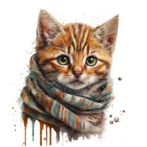 スカーフを巻いた子猫のクリップアート - 12 個の高品質 PNG、メモリーブック、ジャンクジャーナル、スクラップブック、デジタルプランナー、商用利用、デジタルダウンロード