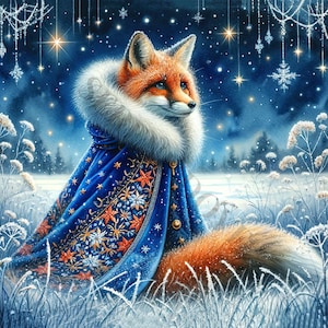 Fox With Blue Velvet Cloak Clipart - 15 High Quality JPGs, Digital Paper Crafting, Digital Planner, Apparel, Watercolor, Digital Download