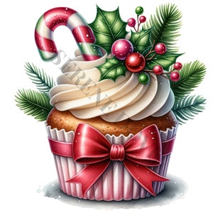 K&ouml;nnte beinhalten: Ein wei&szlig;er, mit Zuckerguss &uuml;berzogener Cupcake mit einem roten und wei&szlig;en Zuckerstangen, gr&uuml;nen Stechpalmenbl&auml;ttern und roten Beeren. Der Cupcake ist mit einer roten Schleife verziert und sitzt auf einem rosa-wei&szlig;en gestreiften Cupcake-Papier.