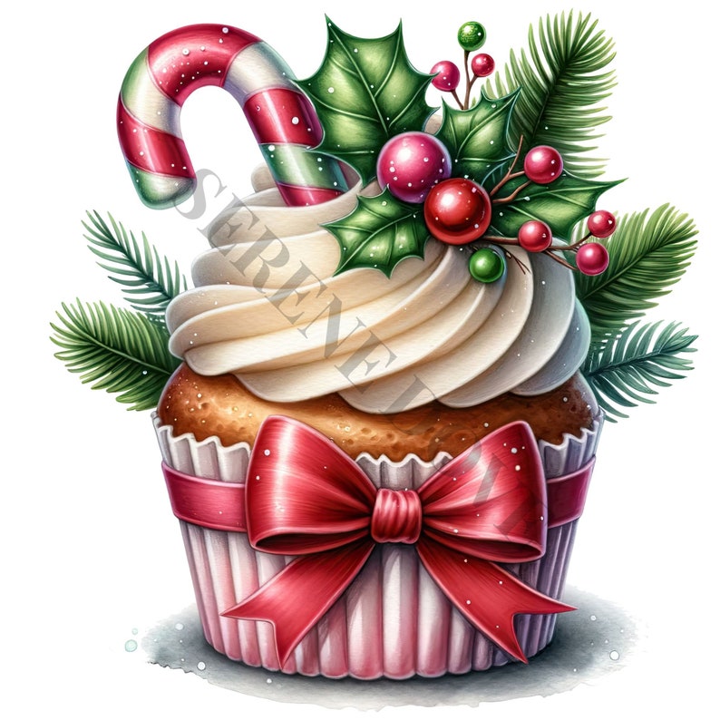 K&ouml;nnte beinhalten: Ein wei&szlig;er, mit Zuckerguss &uuml;berzogener Cupcake mit einem roten und wei&szlig;en Zuckerstangen, gr&uuml;nen Stechpalmenbl&auml;ttern und roten Beeren. Der Cupcake ist mit einer roten Schleife verziert und sitzt auf einem rosa-wei&szlig;en gestreiften Cupcake-Papier.