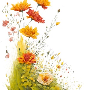 Orange Wildblumen Wiesenbordüren - Digitaler Download, Kartenherstellung, Mixed Media, digitale Papiermodelle, Clipart, Aquarell Blumen