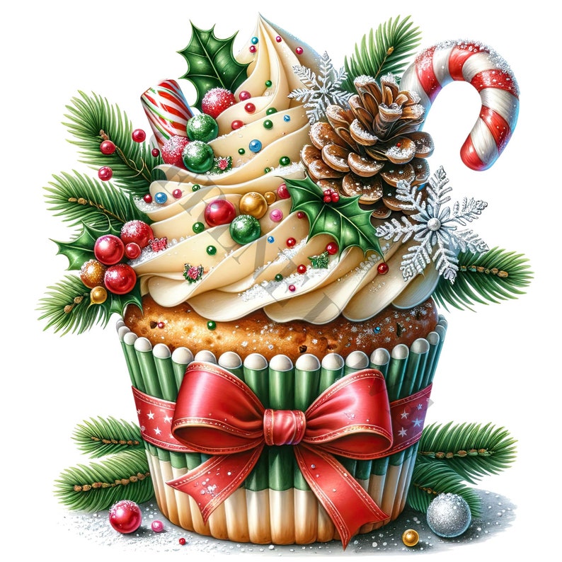 K&ouml;nnte beinhalten: Ein festlicher Cupcake, verziert mit gr&uuml;nem Stechpalmenlaub, roten Beeren, einem Zuckerstangen und einer Tannenzapfen. Der Cupcake ist mit wei&szlig;em Frosting und bunten Streuseln bedeckt. Der Cupcake ist in gr&uuml;nes und wei&szlig; gestreiftes Papier eingewickelt und mit einer roten Schleife gebunden.