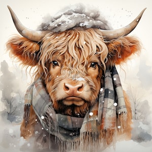 Weihnachten Highland Kuh Clipart - 12 hochwertige JPGs, digitales Papier Basteln, digitaler Planer, Bekleidung, Aquarell, digitaler Download