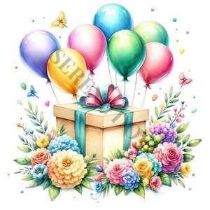 Geburtstag Ballons und Blumen Clipart - 17 hochwertige PNGs, Memory Book, Junk Journals, Scrapbooks, digitale Planer, kommerzielle Nutzung
