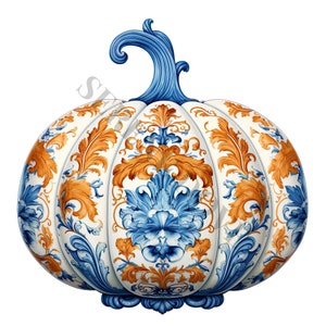May include: A white ceramic pumpkin with blue and gold floral designs. The pumpkin has a stylized stem and a detailed base.