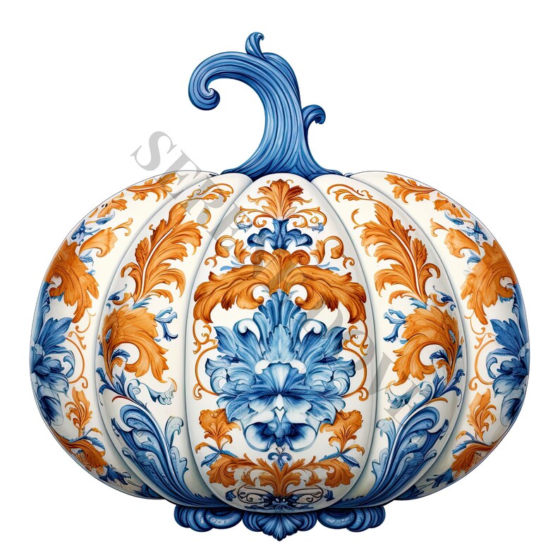 May include: A white ceramic pumpkin with blue and gold floral designs. The pumpkin has a stylized stem and a detailed base.