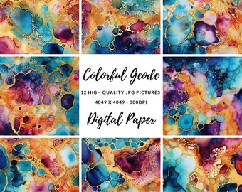 Colorful Geode Alcohol Ink 13 x 13 Digital Paper Pack, Scrapbook Paper, Journals, Backing Paper, Sublimation, Card Making, Craft