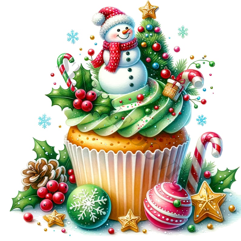 K&ouml;nnte beinhalten: Ein gr&uuml;ner und wei&szlig;er Cupcake mit einem Schneemann oben drauf, umgeben von Stechpalmen, Zuckerstangen, Tannenzapfen und Weihnachtsornamenten.