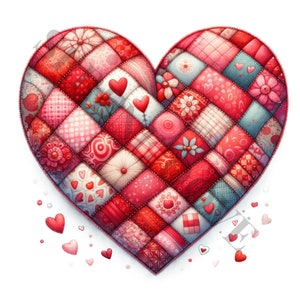 May include: A red, pink, and blue patchwork heart made of fabric squares. The heart is decorated with small flowers and hearts.