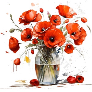 Clipart coquelicots dans un vase - 11 fichiers PNG de haute qualité, téléchargement numérique, fabrication de cartes, techniques mixtes, créations numériques en papier